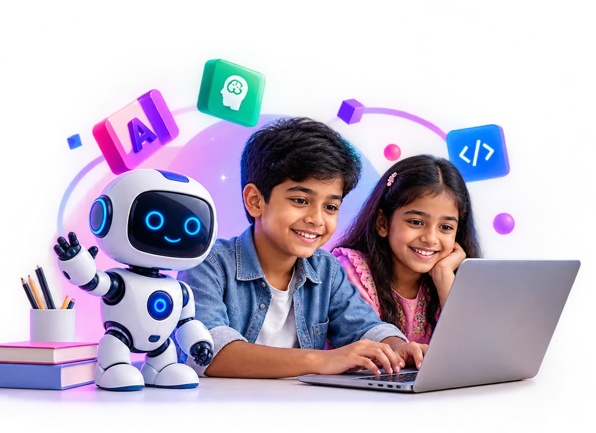 রোবটের সাথে ল্যাপটপে শিখছে দুই শিশু